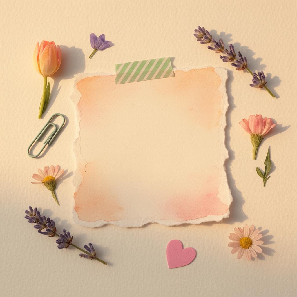A torn watercolor paper note surrounded by pressed flowers